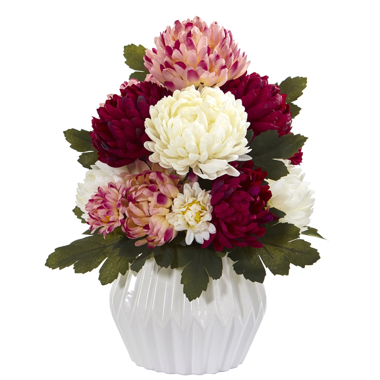 Nearly Natural 16inch Mum Artificial Arrangement in White Vase