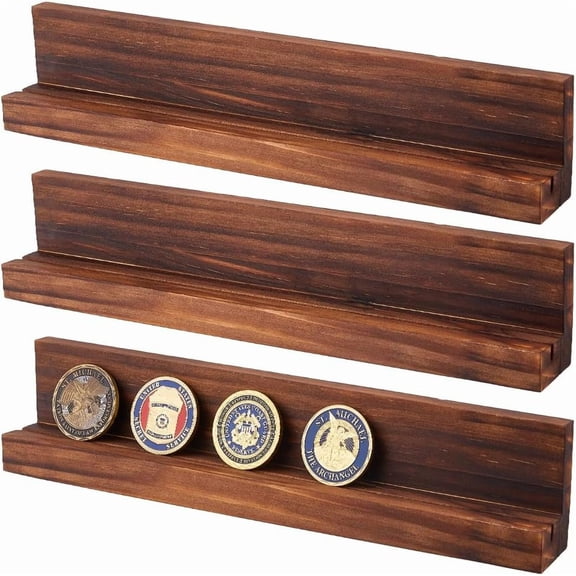 3Pcs Challenge Coin Display Holder 1 Row Wall Mounted Wooden Coins Display Stand 12.2x1.6x2.5 Inch Wood Coins Racks Coconut Brown Challenge Coin Displays Shelves for Collectors Present