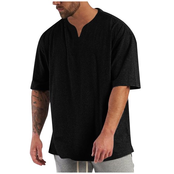 SSAAVKUY Men's Casual V-Neck T Shirts Plus Size Loose Short Sleeve Summer Basic Tee Fashion Solid Color Stylish Tops Black L