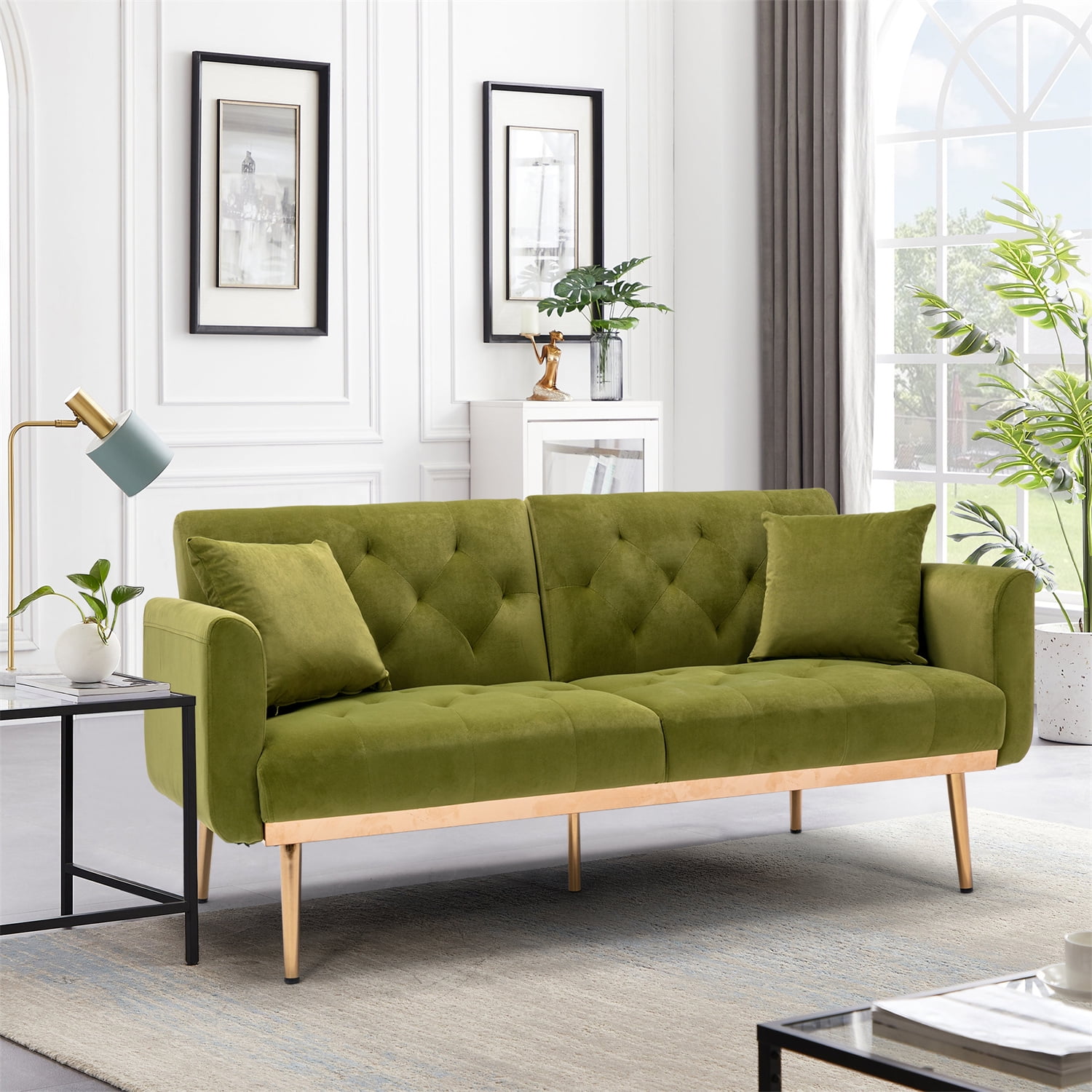 Velvet Loveseat Sofa Bed with 2 Pillows, Buttonless Tufted Upholstered Sofas for Living Room