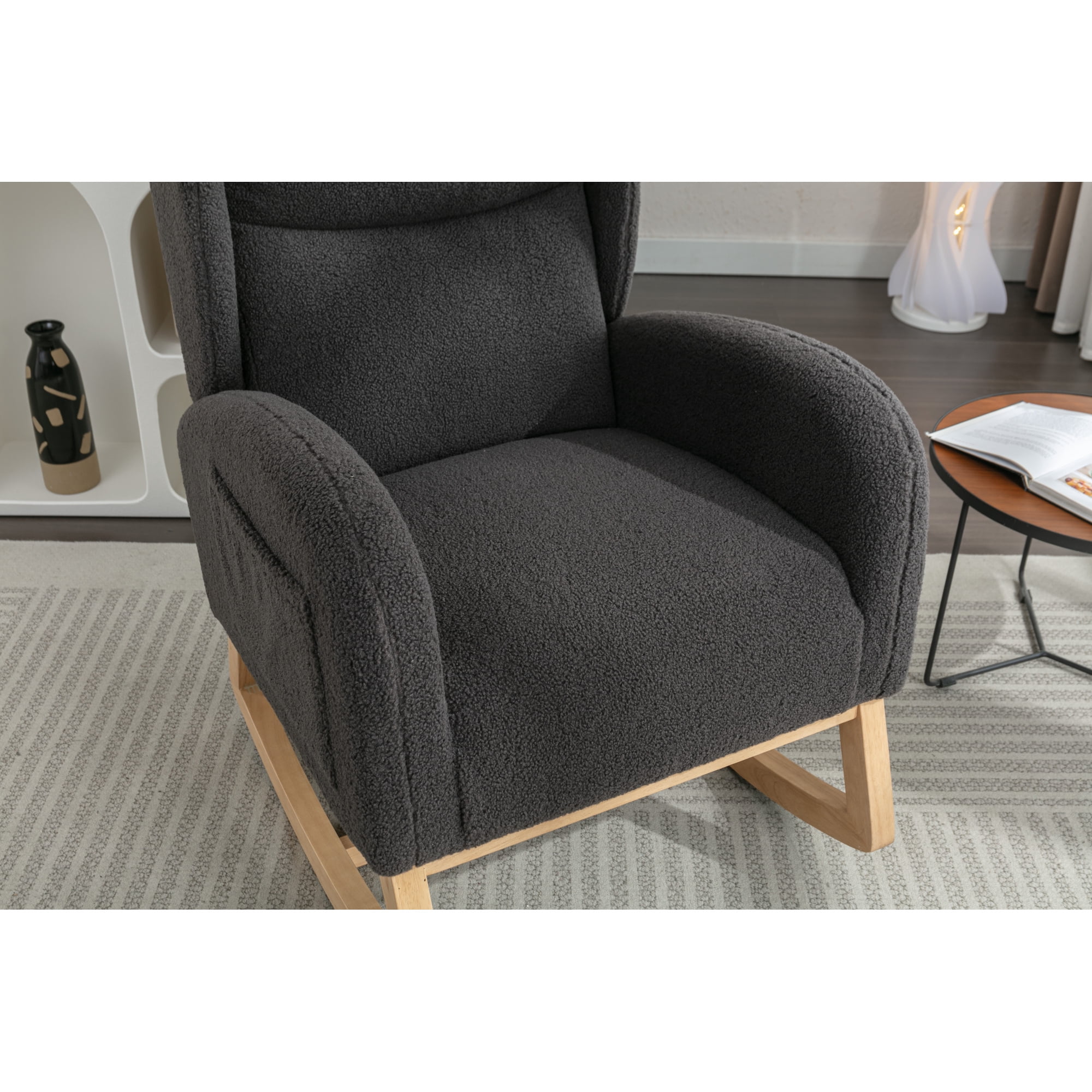 Rocking Chair Nursery,Teddy Fabric Uplostered Rocking Glider Chair with Side Pocket,Modern High Backrest Single Sofa for Living Room, Hotel, Bedroom, Baby Room,Dark Gray