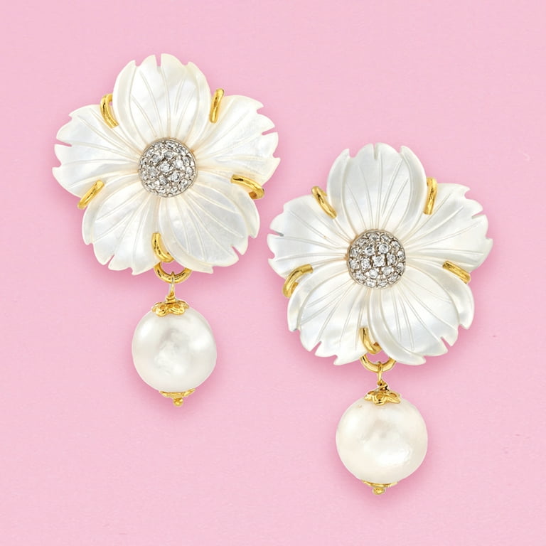 Mother of Pearl Flower Dangling Drop Earrings Pink Sterling Silver Post  Back