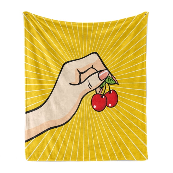 Fruit Soft Flannel Fleece Throw Blanket, Retro Pop Art Hand Holding a Couple of Cherries Sketch Design on Yellow Background, Cozy Plush for Indoor and Outdoor Use, 50" x 70", Multicolor, by Ambesonne