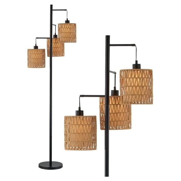 65" Boho Rattan Floor Lamp for Living Room, 3 Lights Farmhouse Tree Standing Lamp with Rattan Shades, Multi Head Vintage Tall Floor Lights for Bedroom, Living Room, Office
