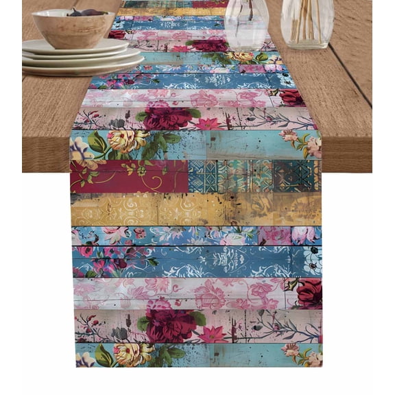 Ldtrchee Vintage Flower Table Runner 60 Inches, Shabby Chic Farmhouse Wood Grain Bed Runner Dresser Scarves Tabletop for Indoor Outdoor Parties/Ceremony/Banquet, 13" x 60"