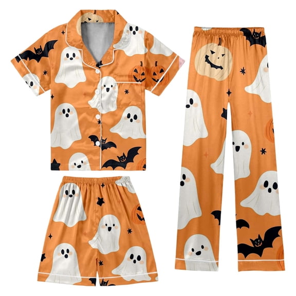 Baby Girl Outfits 3 Piece Stylish Print Halloween Short Sleeve Lapel Top Shorts And Trousers Loungewear Baby Girls' Clothing Sets 3 Years-4 Years
