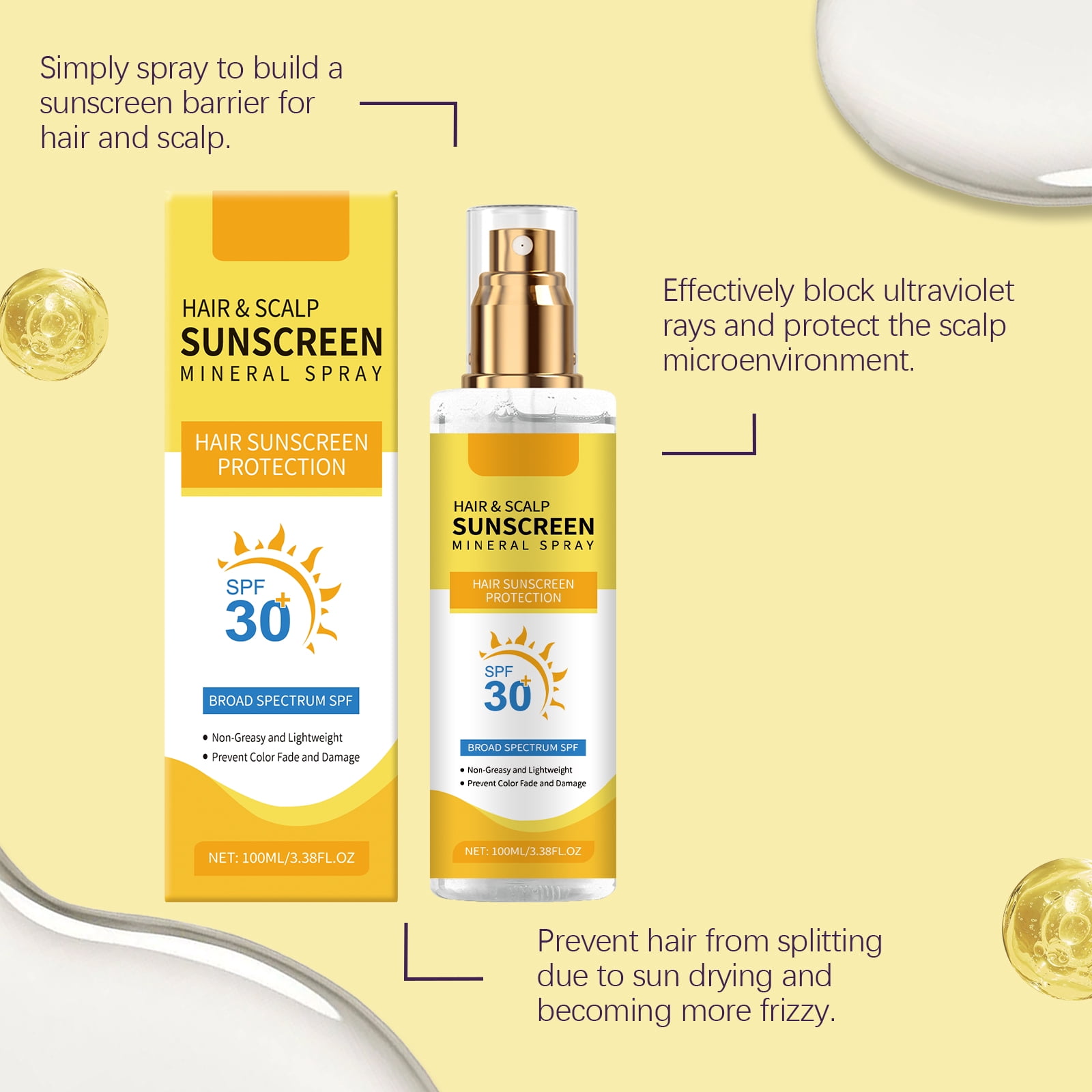 Alvantor Hair & Scalp Sunscreen Spray SPF 30, Non-Greasy and Color-Safe UV Blocker for Dyed/Highlighted Hair, 3.38fl.oz
