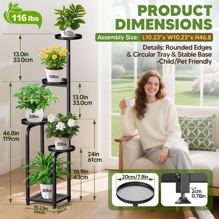 Untimaty 5 Tier Tall Plant Stand for Outdoor Indoor Corner Metal Flower Pot Stands for Multiple Plants Heavy Duty Plant Shelf for Outdoor, Black