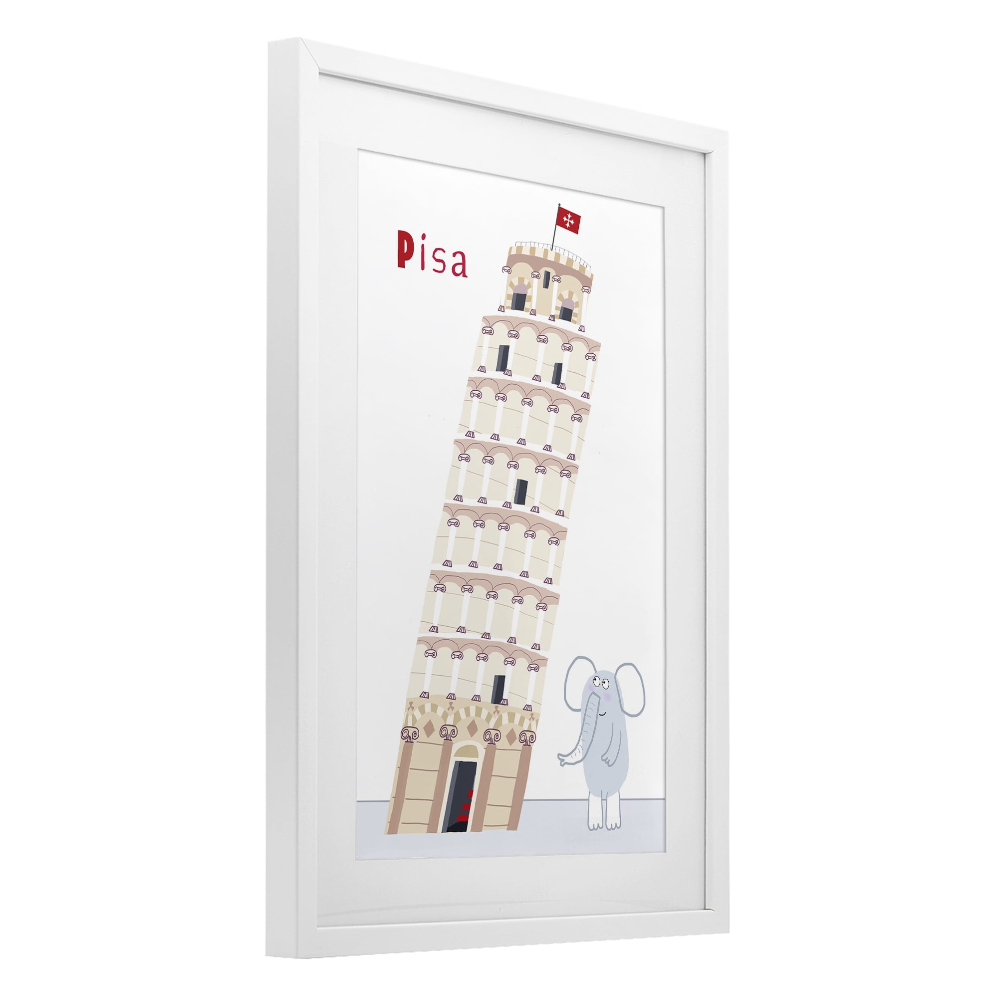 Elephant & Leaning Tower Pisa White Framed Print Under Glass, design by Carla Daly