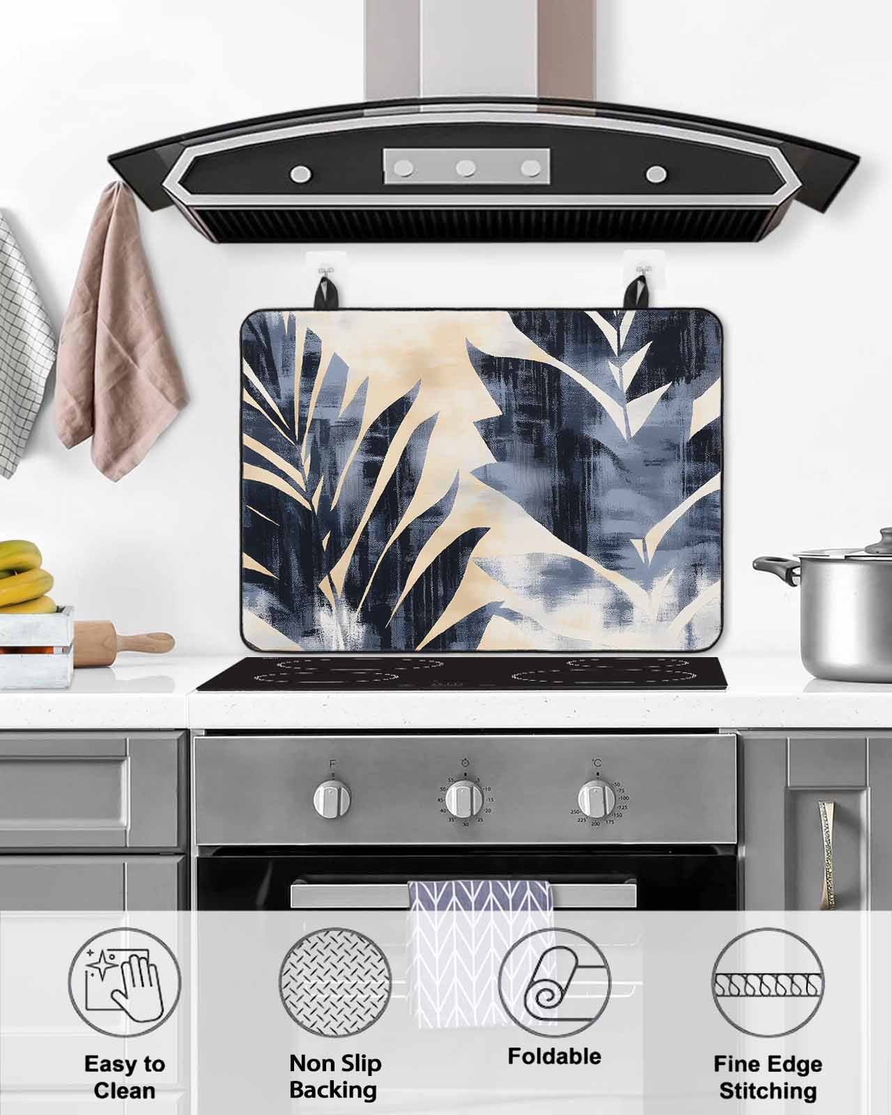 nqOlkjepod Large Induction Cooktop Protector Mat 24"x21", Navy Blue Botanical Stove Top Covers for Electric Stove, Vintage Tropical Palm Leaves Stove Burner Cover Mats, Glass Top Stove Cover