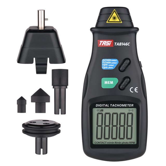 Velocímetros TASI TA8146C Tacómetro digital 2 en 1 de contacto y láser sin contacto 2.5-99999RPM Medidor de velocidad de rotación fotoeléctrica Función de memoria con bolsa de tela Accesorios ricos pa TASI Velocímetros