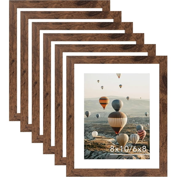 8x10 Picture Frame Set of 6 for Wall Hanging or Tabletop, Display 6 x 8 with Mat or 8 x 10 without Mat, Wood Photo Frames Bulk for 8 by 10 Photo, 6 Pack, Deep Brown