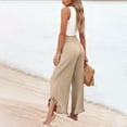 thumbnail image 5 of Wide Leg Linen Pants for Women Cropped Elastic Waist Ruffle Hem Beach Flowy Pants with Pockets Womens Spring Pant Light Brown L, 5 of 7