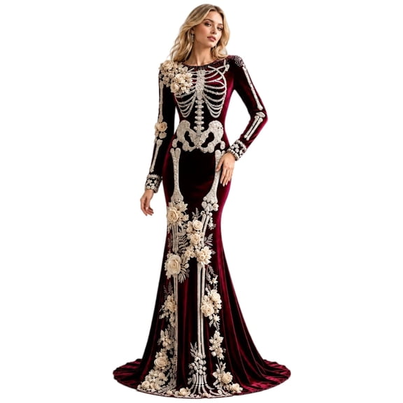 Women's Halloween Skeleton Print Dress, Long Sleeve Cowl Neck Medieval Witch Costume, Elegant Vintage Maxi Gown for Party Events, Glamorous Roleplay Fancy Dress