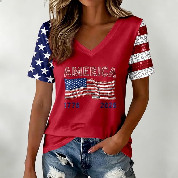 LINGLANG Fourth of July Shirts for Women, Patriotic American Flag V Neck T Shirt Summer Casual July 4th USA 250th Anniversary Graphic Tee Tops