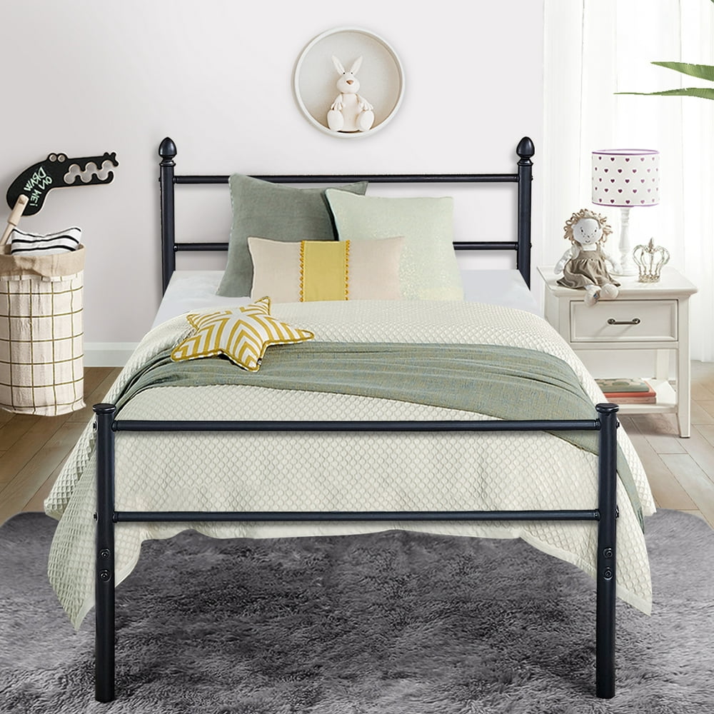 Metal Platform Twin Bed Frame/Bed, Box Spring Replacement w/ Headboard
