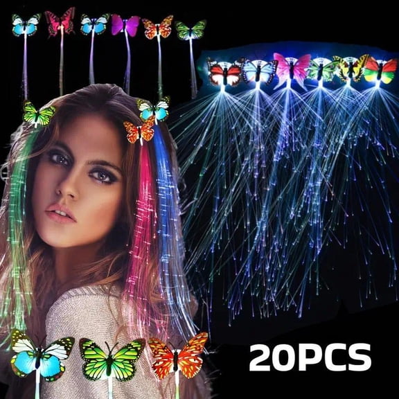 20 Pcs Night Light Butterfly Hair Clip - Women's Neon Fairy Braid Extension, Suitable for Carnival, Festival, Halloween, and Christmas Parties (Multicolor)