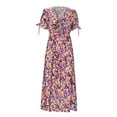 thumbnail image 4 of Womens Floral Summer Dress Casual Wrap V Neck Short Sleeve Belted Beach Bohemian Maxi Dress, 4 of 8