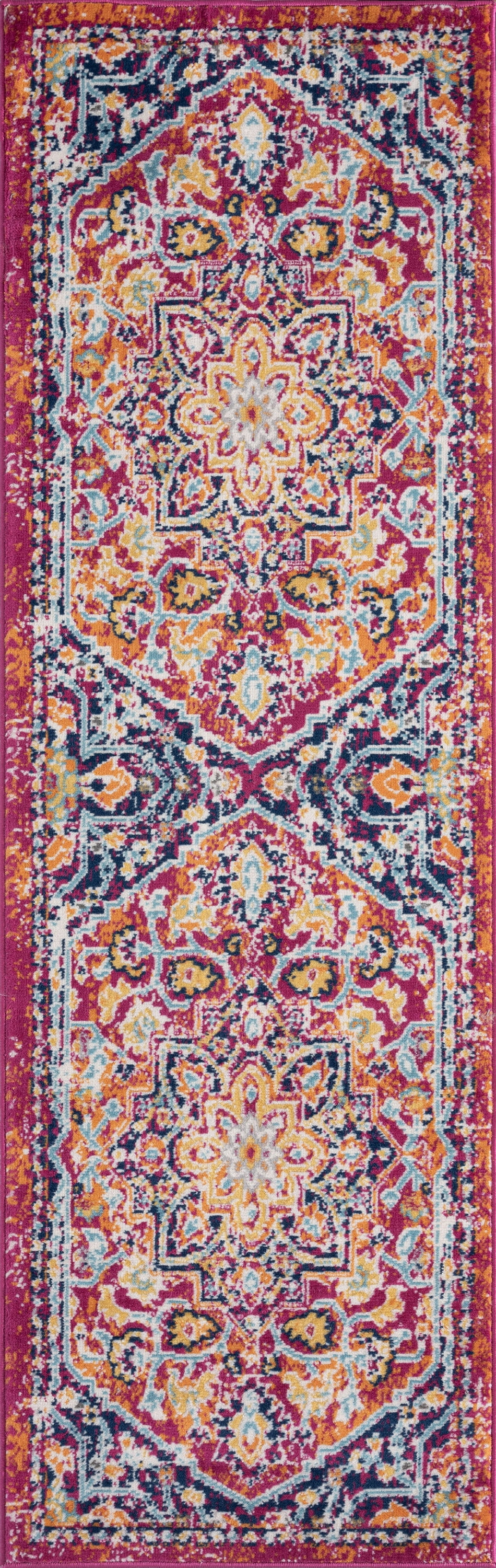 Transitional 2x8 Area Rug (2'2'' x 7'3'') Medallion Pink, Orange Indoor Runner Easy to Clean