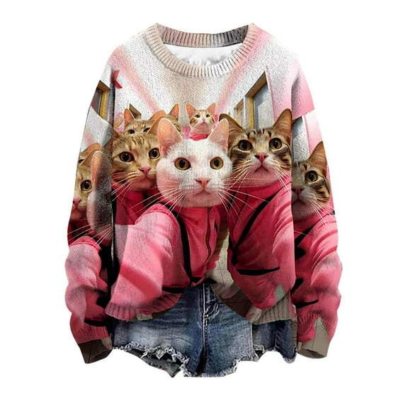 BUWTTED Christmas Sweaters for Women Cozy Cute Funny Cat Print Knit Pullover Sweater Winter Warm Tunic Oversized Loose Fit Long Sleeve Crew Neck Women Sweaters Pink L