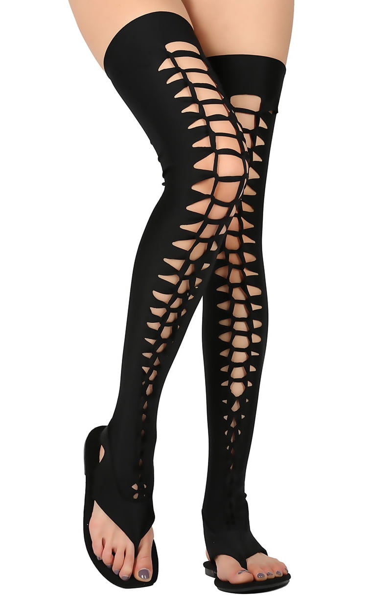 thigh high lace up flat sandals