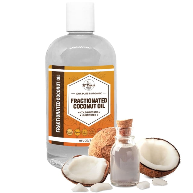 Aceite de coco fraccionado orgánico (8 oz) de grado premium sin OGM; Prensado en frío | Aceite de coco fraccionado puro para la fabricación de jabón para el cabello y la piel | Portador ideal para a