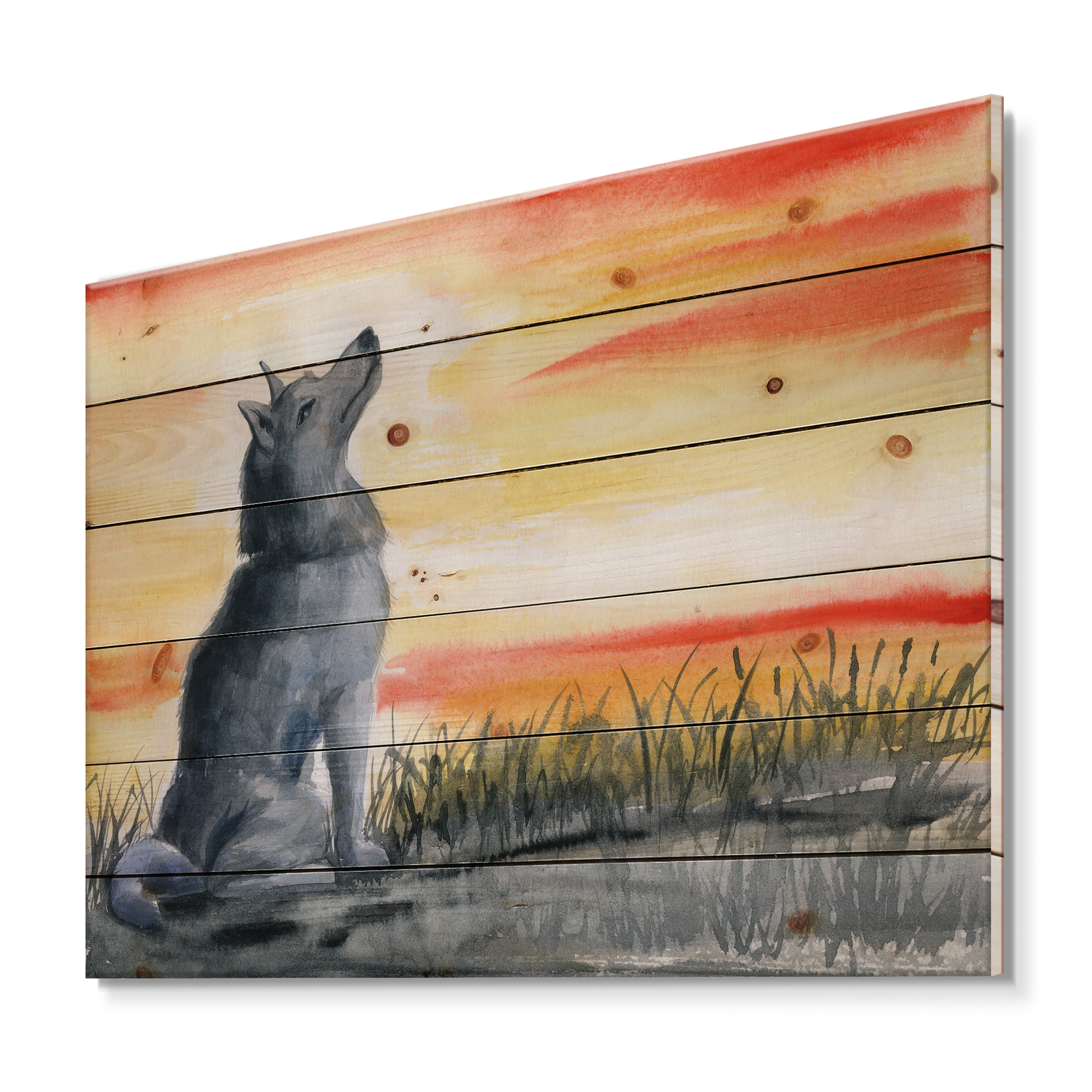 Designart 'Portrait Of Grey Wolf Howling At The Moon' Traditional Print on Natural Pine Wood