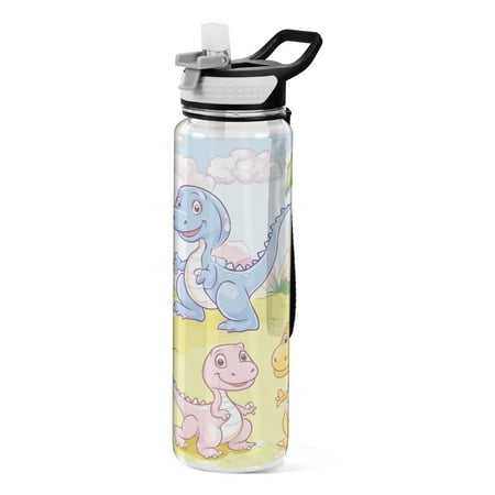 

32oz Transparent Sports Water Bottle with Straw BPA Free Tritan for Kids Adults Outdoor School Gym Fitness Pastel Cartoon Dinosaurs