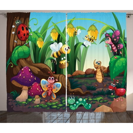 Animal Decor Curtains 2 Panels Set Ladybug Butterfly Bee In
