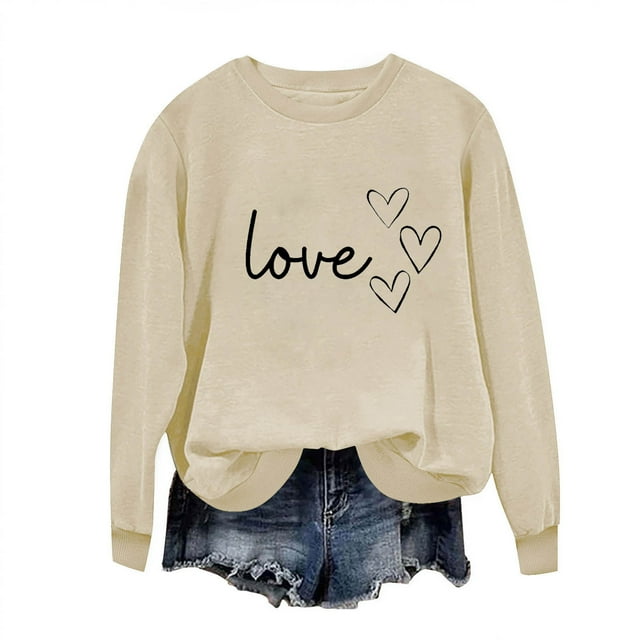 Sudadera Penkiiy Valentine para mujer: lindas camisetas del día de San Valentín Love Heart Graphic Print Suéter de manga larga Tops M Kaki