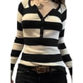 thumbnail image 2 of Fortune Women Striped Knitted Pullover Long Sleeve Slim Tops Casual Contrast Color Tops, 2 of 9
