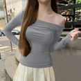 thumbnail image 2 of Ltctricy Women's off Shoulder Tops Asymmetrical Neck Long Sleeve Ruched Slim Shirts Trendy Tunic Blouses, 2 of 4
