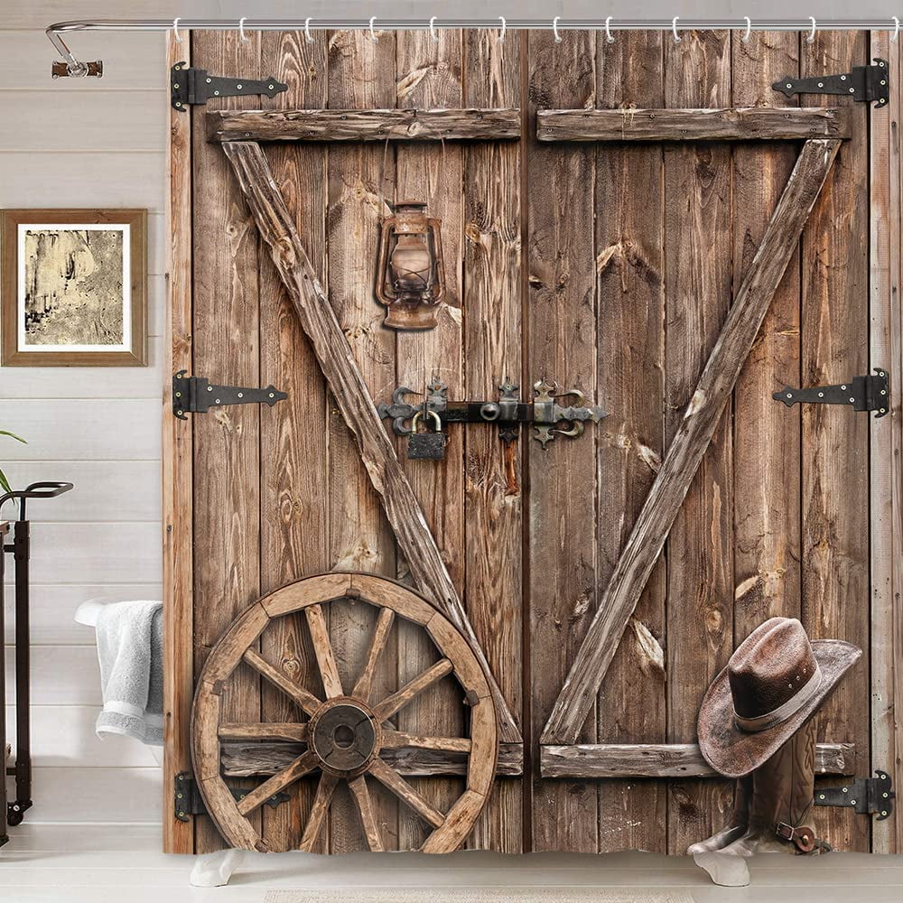 Farmhouse Shower Curtain Rustic Barn Door Shower Curtain, Cowboy Shabby Chic Western Wood Wheel Country Shower Curtain Woodland Brown Wooden Rustic Fabric Bathroom Decor with 12PCS 70X84IN