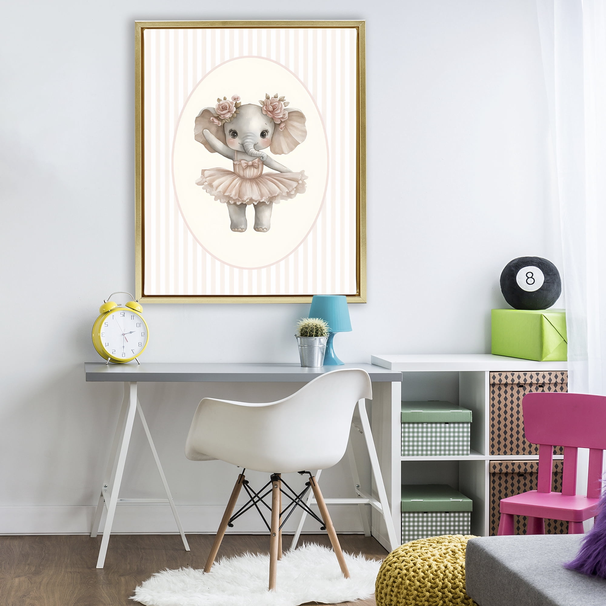 Stupell Industries Nursery Ballerina Elephant Striped Gold Framed Floater Canvas Wall Art, design by LSR Design Studio