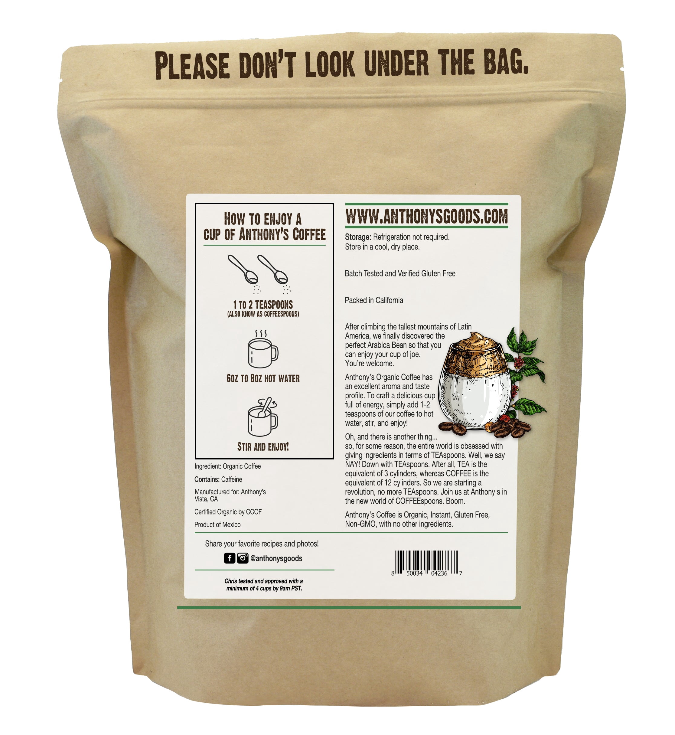 Anthony's Organic Instant Coffee, 1 lb, Ultra Fine Microground, Gluten Free, Arabica, Non GMO