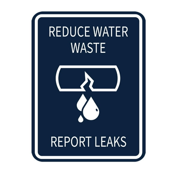 Signs ByLITA Portrait Round Reduce Water Waste: Report Leaks Door or Wall Sign Durable ABS Plastic | Laser Engraved | Easy Installation | Kitchen | Hygiene Sign (Navy Blue / White) - Large