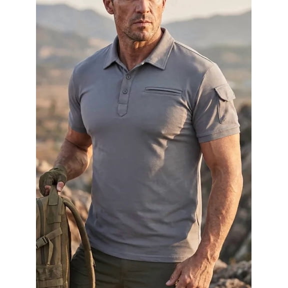 Domzest Mens Short Seeve Polo Shirt Lapel Collar Chest Pocket & Flap Sleeve Pocket Outdoor Sports Solid Golf Top Gray XL