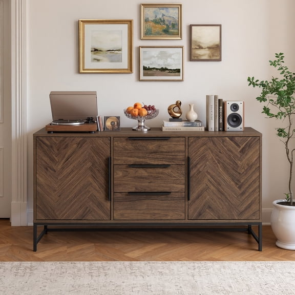 Carolayne 63‘’ Sideboard Buffet Cabinet with 3 Drawers and 2 Doors for Living Room, Dining Room, Black Walnut Grain