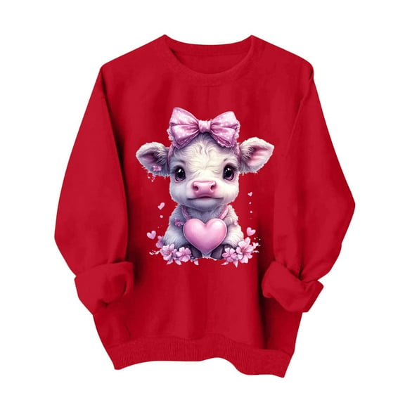 ibuvkizy Love Heart Graphic Sweatshirt for Women Round Neck Fall Winter Valentines Day Cute Printed Sweatshirts Long Sleeved Tops Red,XS