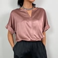 thumbnail image 2 of Blusa de satén con escote en V y manga corta para mujer, primavera y verano, color rosa puro, transpirable y elegante, talla XL, 2 of 6