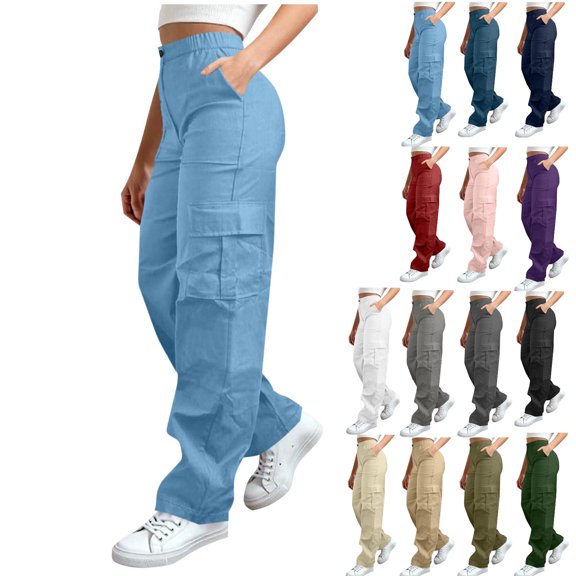 Vhkiploz Summer Plus Size Cargo Pants For Women's Workwear Outwear Hiking Trousers With Pockets Solid Straight Wide Leg Pants With Button Zipper Waist