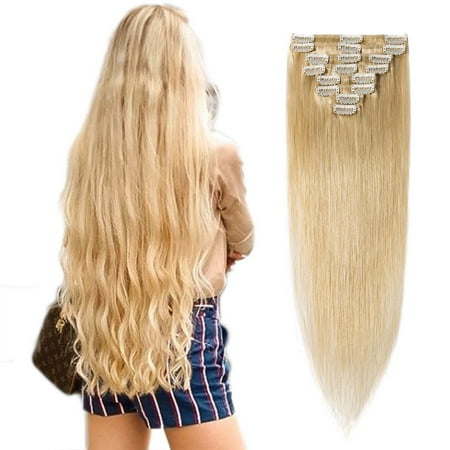 S-noilite Clip in 100% Remy Human Hair Extensions Grade 7A Quality Full Head 8pcs 18clips Long Soft Silky Straight for Women Fashion Ash &