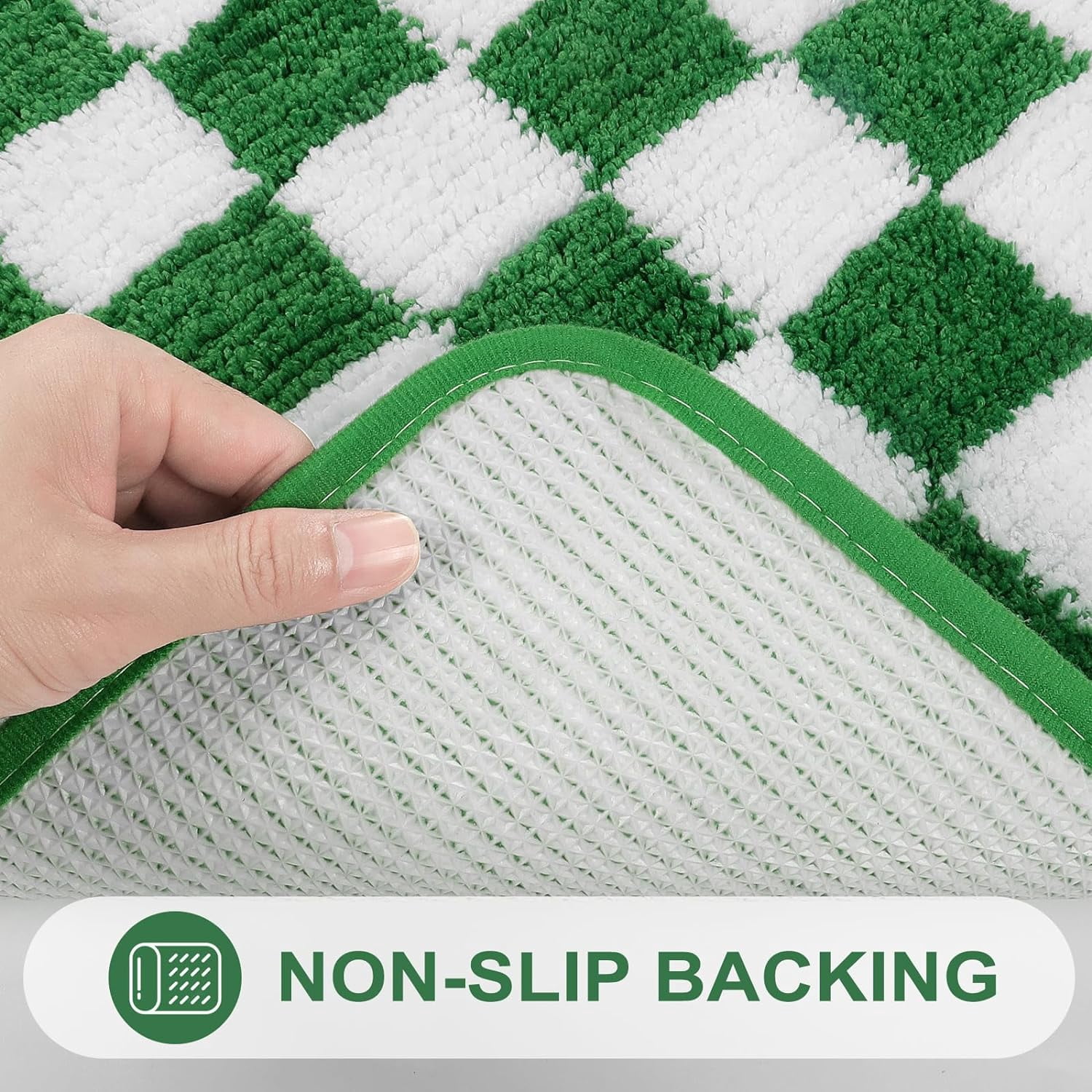 Green Bathroom Rug Runner, Modern Plaid Checkered Bath Mat for Tub, Non Skid Washable Absorbent Bath Rug Runner, Plush Fluffy Microfiber Shower Mat for Bathroom Tub Shower, 18x47 inch