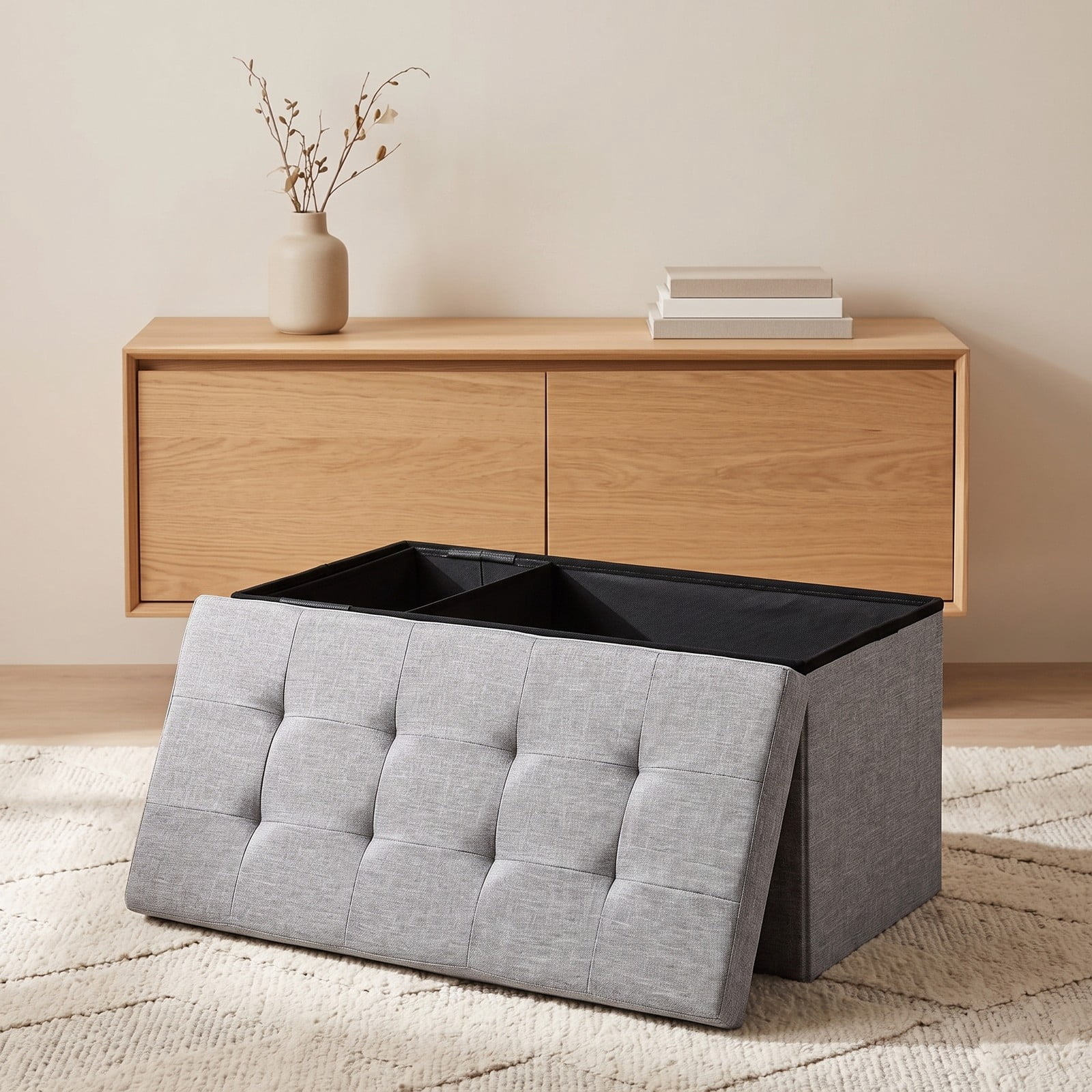 Furnibear 31.5 Inch Foldable Fabric Storage Bench Ottoman with Padded Seat and Removable Hanging Bin for Entryway, Light Gray