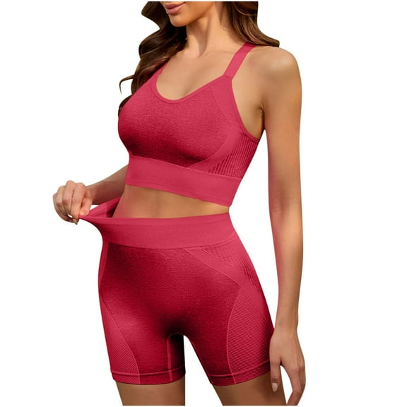 BLTIBY Shapewear Workout Sets for Women Two Piece Outfits Seamless Tummy Control High Waisted Biker Shorts Sports Bra Gym Yoga Activewear Red Free Size