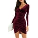 thumbnail image 3 of Vestido corto de otoño para mujer, vestido ajustado con dobladillo fruncido, manga larga, cuello en V, vestido delgado para otoño, primavera, rojo vino S, 3 of 6