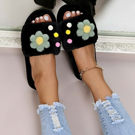 

Autumn And Winter Woolen Shoes Women s Flip Flops Wear Flat Bottom Flower Plush Slippers Outside Home Women