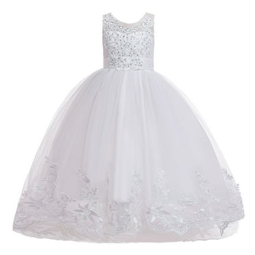 Penkiiy Robes pour Filles, Robe Longue en Tulle Brodé avec Strass et Nœud, Robe de Fête d'Anniversaire Blanche pour 9-10 Ans