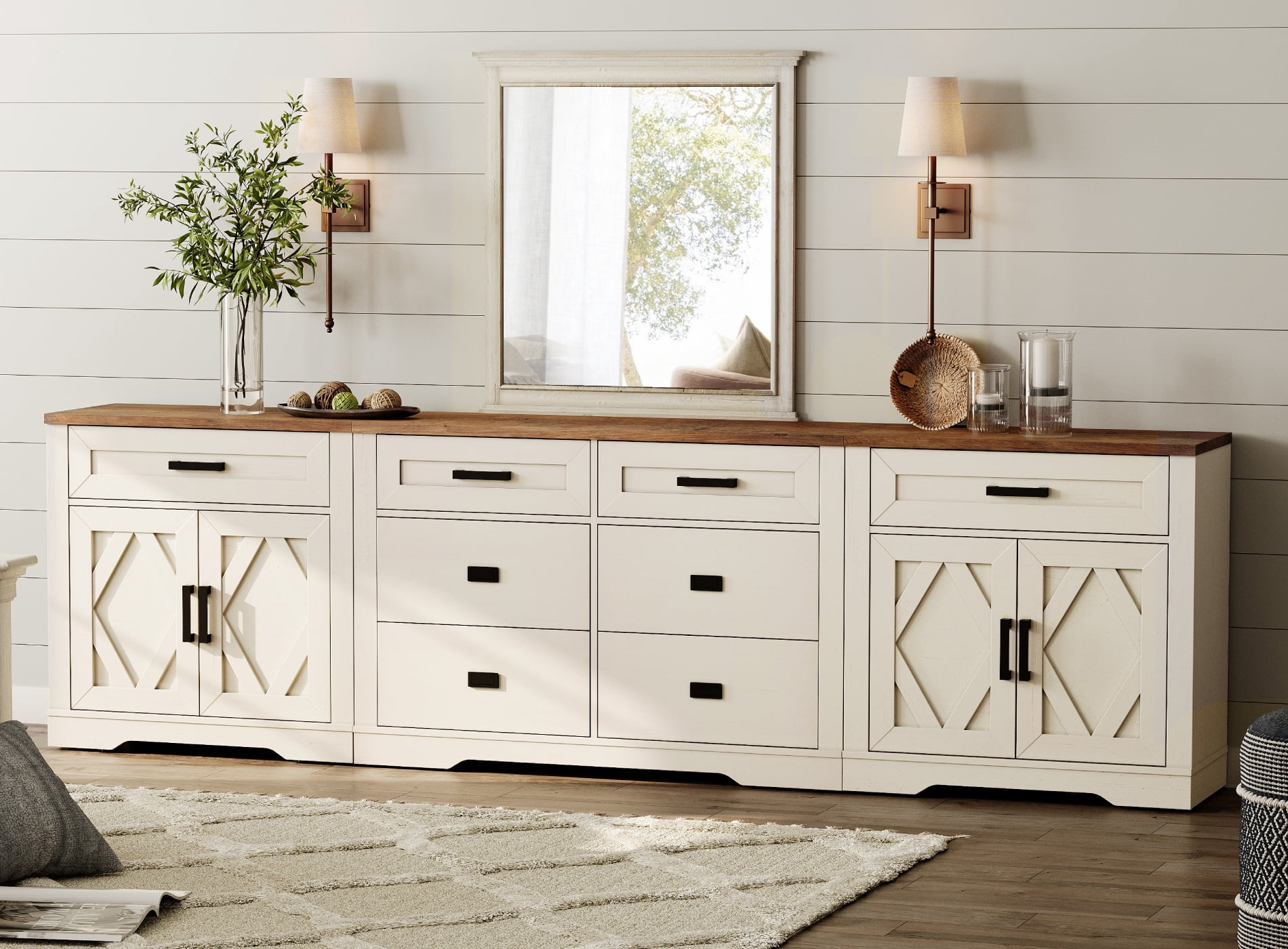 WAMPAT 110"W Large TV Stand,3-in-1 Farmhouse Entertainment Center with Storage Barn Door Cabinet,TV Console Table With Media Cabinet and Drawers for Living Room,Bedroom,Cream White
