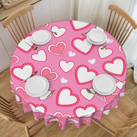 ZNDUO Valentine's Day Pink Hearts Pattern Round Tablecloth, Anti-fouling and Anti-wrinkle Washable Polyester Table Cloth, 60 inch